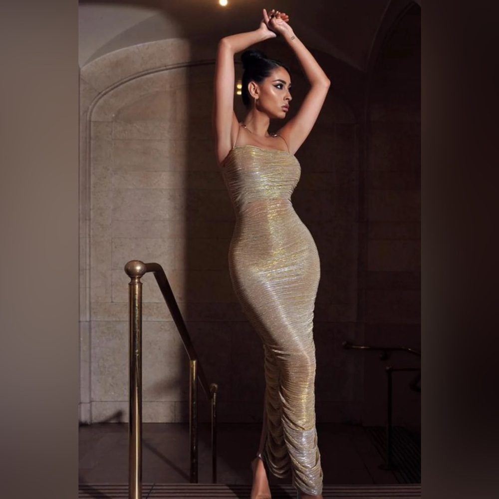 The Glint Gold Rushed Graceful Chiffon Long Maxi Dress